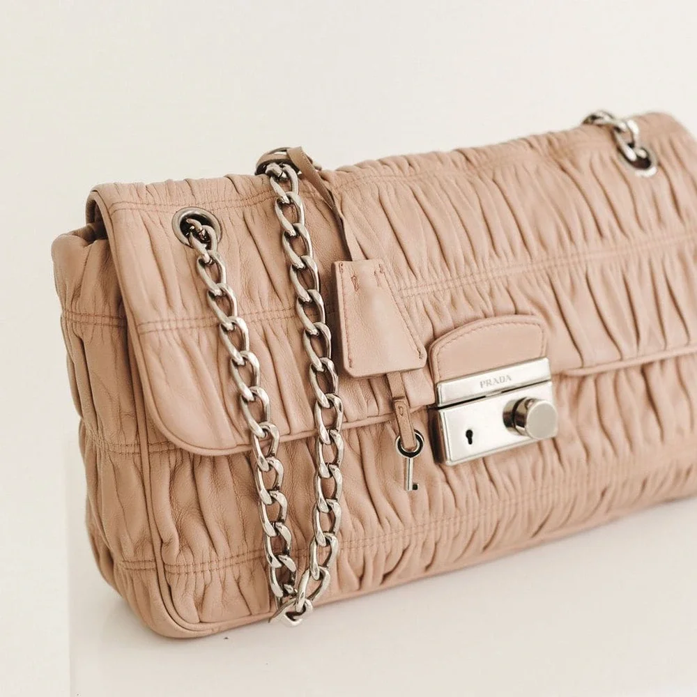 Prada Nappa Gaufre Chain Shoulder Bag in Nude Pink Grained Leather